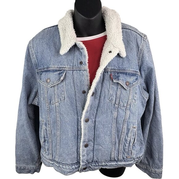Y2K Levi's Trucker Denim Jean Jacket Sherpa Lined Blue Light Wash Women’s XL - Picture 5 of 13